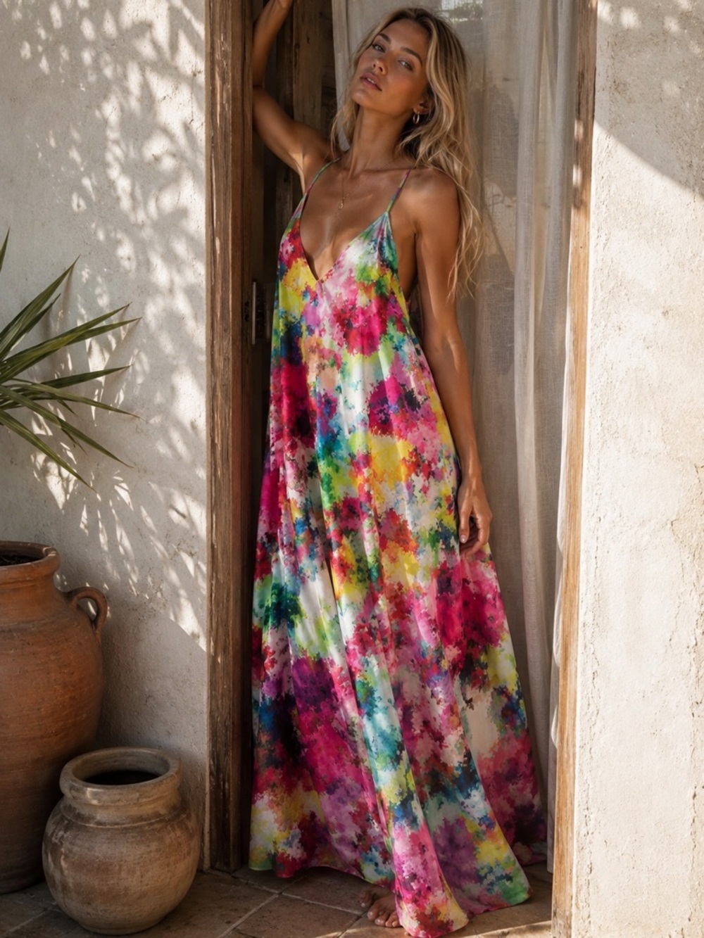 Chetta B Women’s Maxi Dress Medium Multicolor Watercolor Print Built In Bra